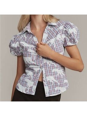 Maeve Anthropologie Puff Sleeve Plaid Blouse Pointer Print Medium NWT